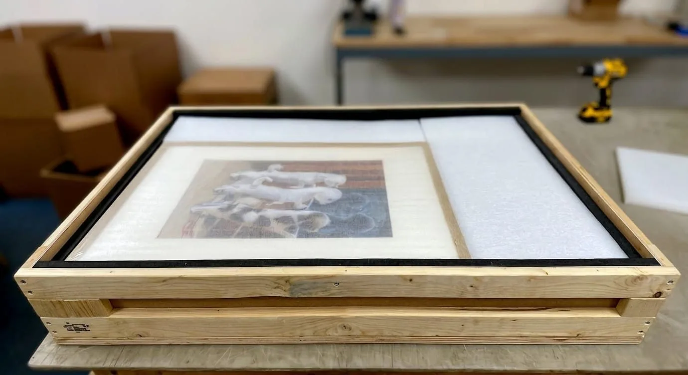 Framed artwork packed in a custom wooden crate in the Prime Frame workshop
