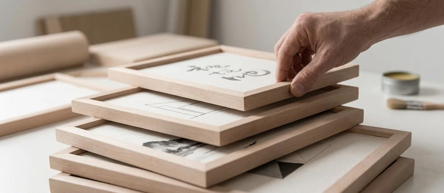 Finished frames stacked in the Prime Frame studio