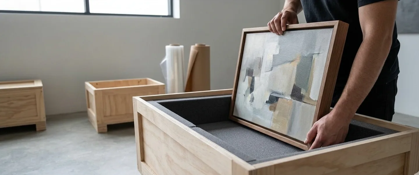 Framed artwork being placed into custom wooden crate for safe transport