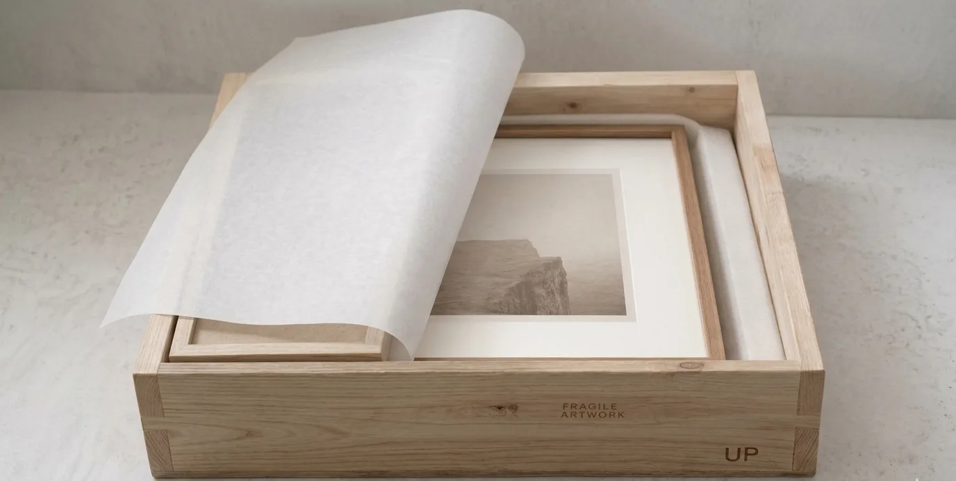 Custom wooden crate with artwork ready for shipping