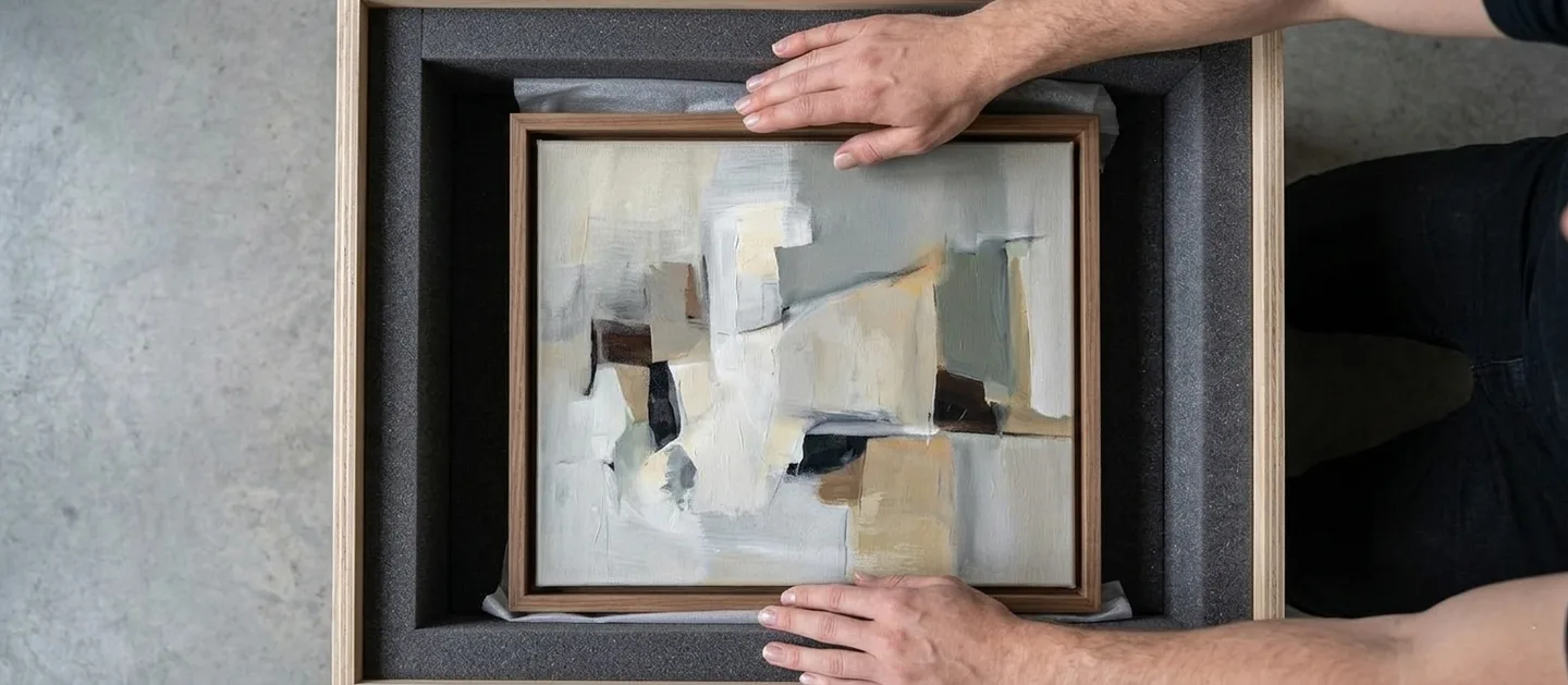Hands carefully placing framed painting into foam-lined wooden crate