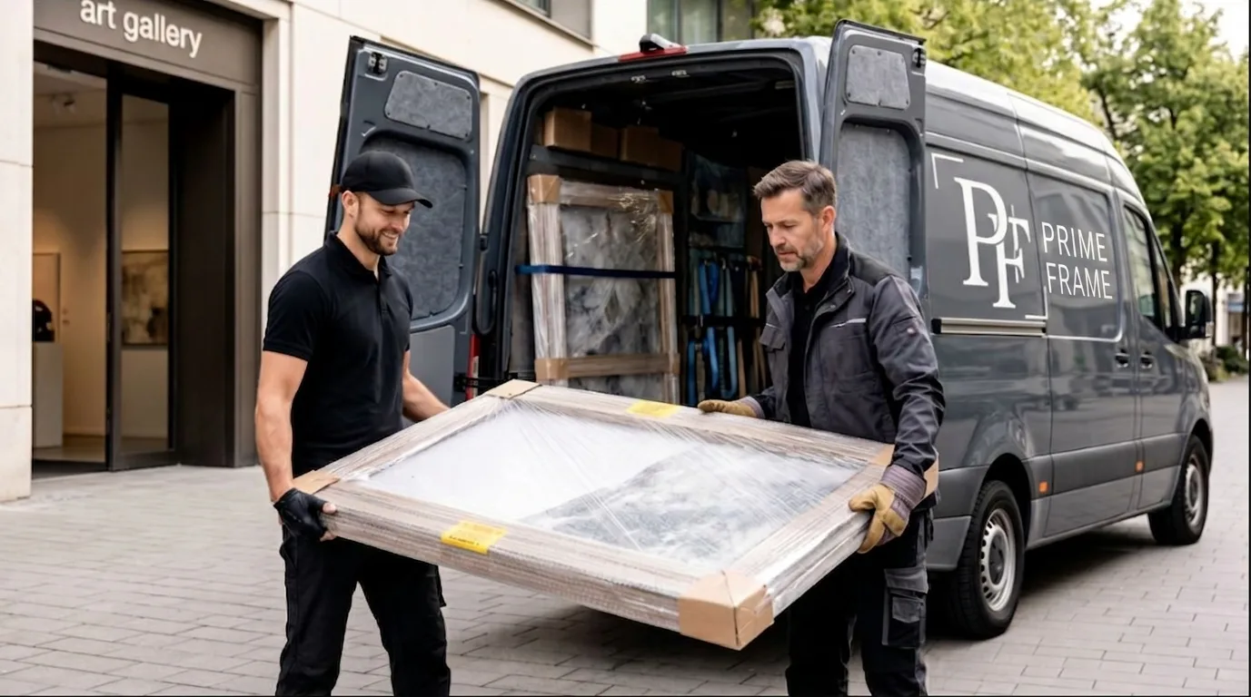 Prime Frame team delivering framed artwork at an art gallery